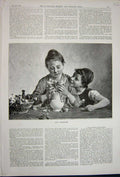 Original Old Antique Print 1891 Young Girls Flowers Vase Basket Decorator Art