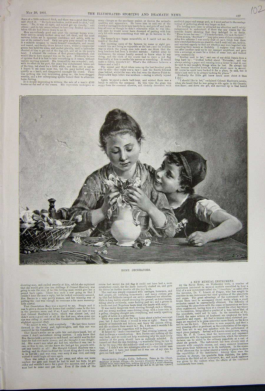 Original Old Antique Print 1891 Young Girls Flowers Vase Basket Decorator Art