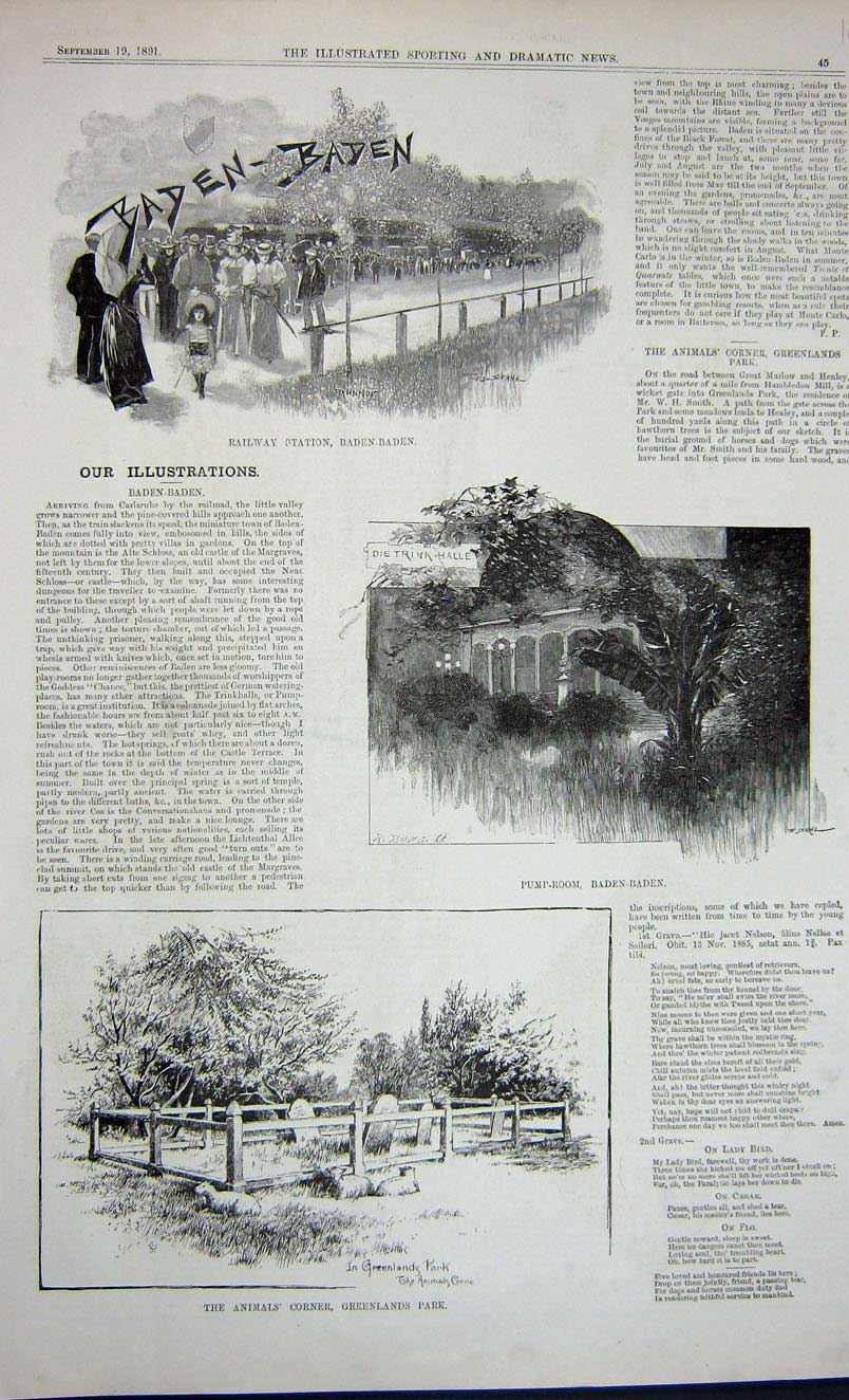 Original Old Antique Print 1891 Greenlands Park Pump Room Baden Railway Station
