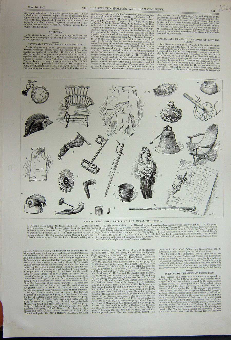Old Antique Print 1891 Nelson Relics Naval Exhibition Watch Francis Drake 19th