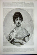 Original Old Antique Print 1891 Portrait Beautiful Woman Bird Dove Lady 19th