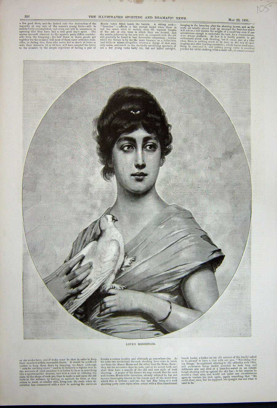 Original Old Antique Print 1891 Portrait Beautiful Woman Bird Dove Lady 19th