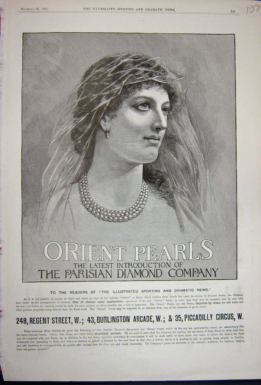 Old Antique Print 1891 Adverisment Orient Pearls Parsian Diamond Company 19th