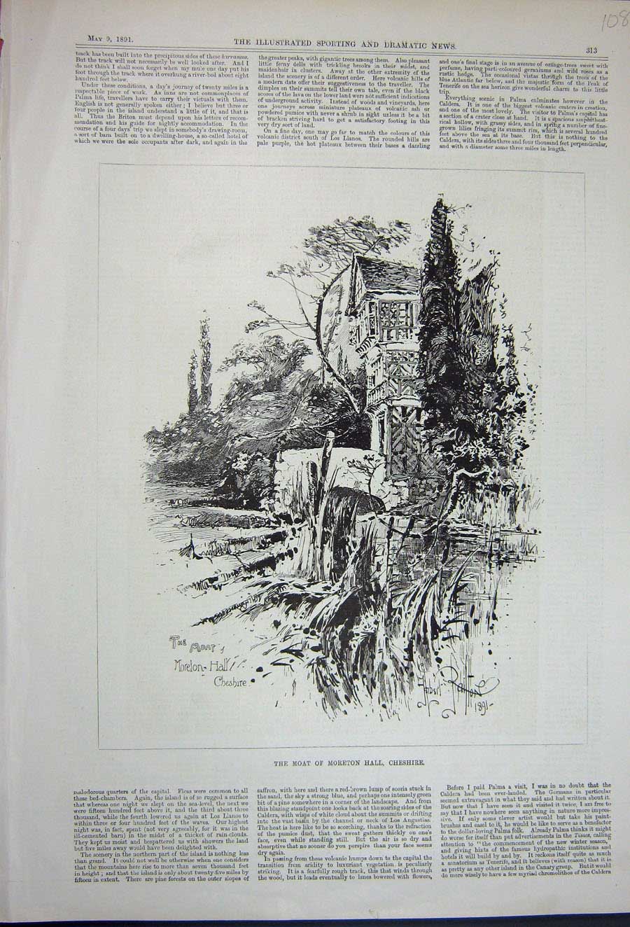 Original Old Antique Print 1891 View Moat Moreton Hall Cheshire House Trees