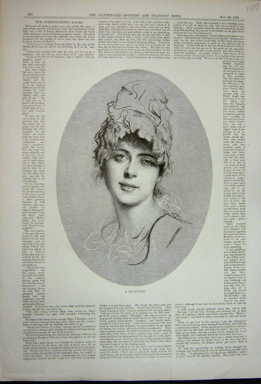 Original Old Antique Print 1891 Portrait Medallion Beautiful Woman Lady 19th