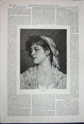Original Old Antique Print 1891 Portrait Beautiful Woman Angelina Lady 19th