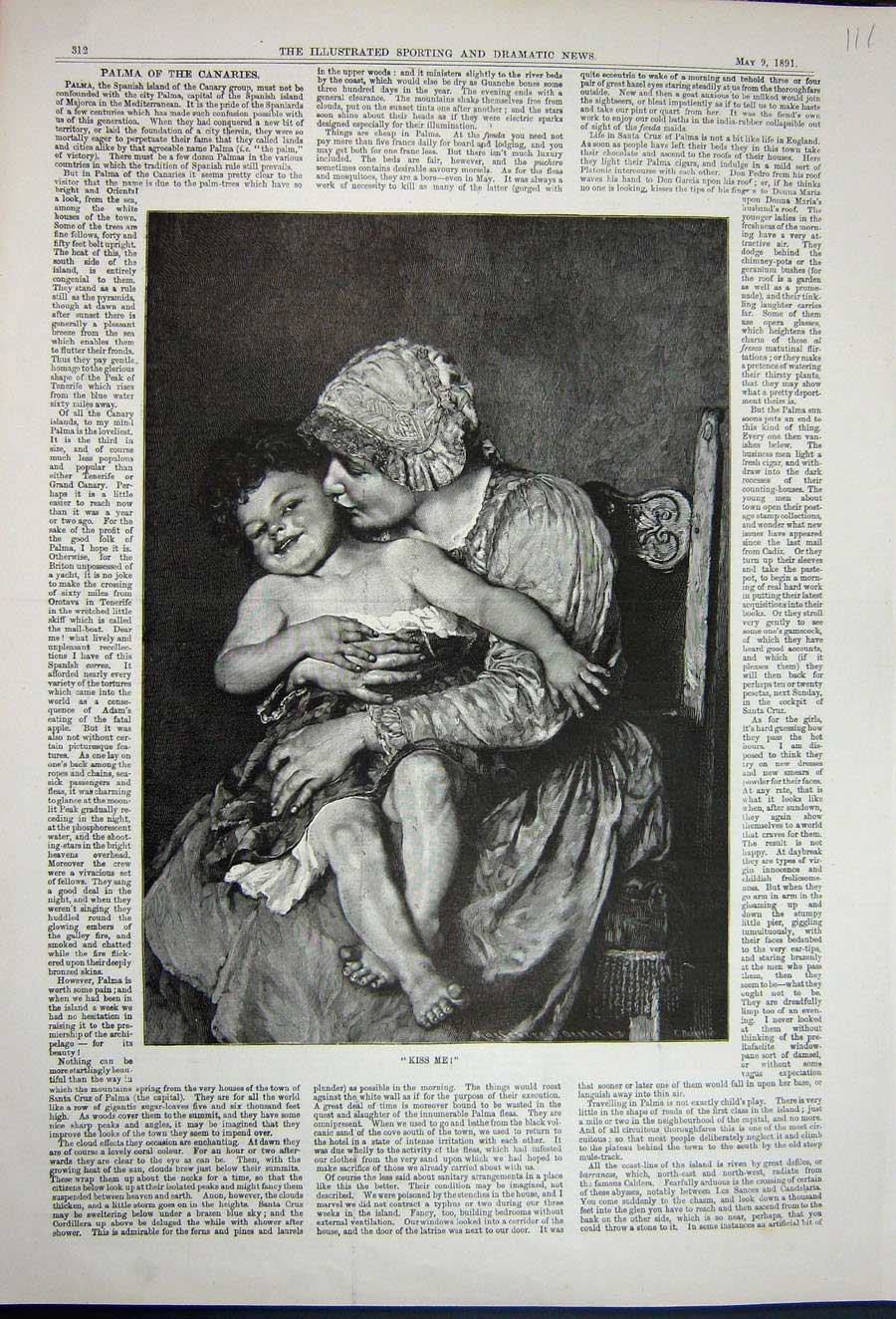 Original Old Antique Print 1891 Fine Art Beautiful Lady Woman Baby Child 19th
