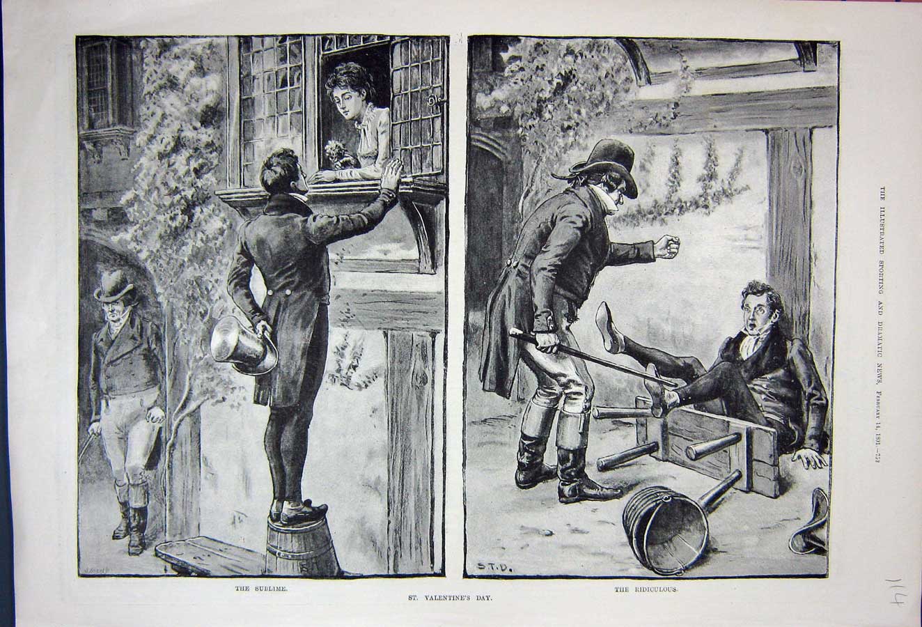 Old Antique Print 1891 St Valentines Day Romance House Window Man Stool 19th