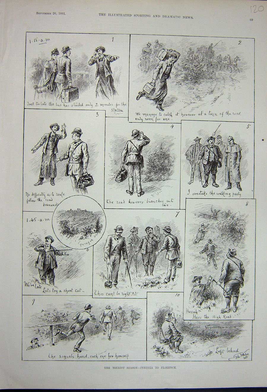 Original Old Antique Print 1891 Tourists Perugia Florence Men Country Victorian