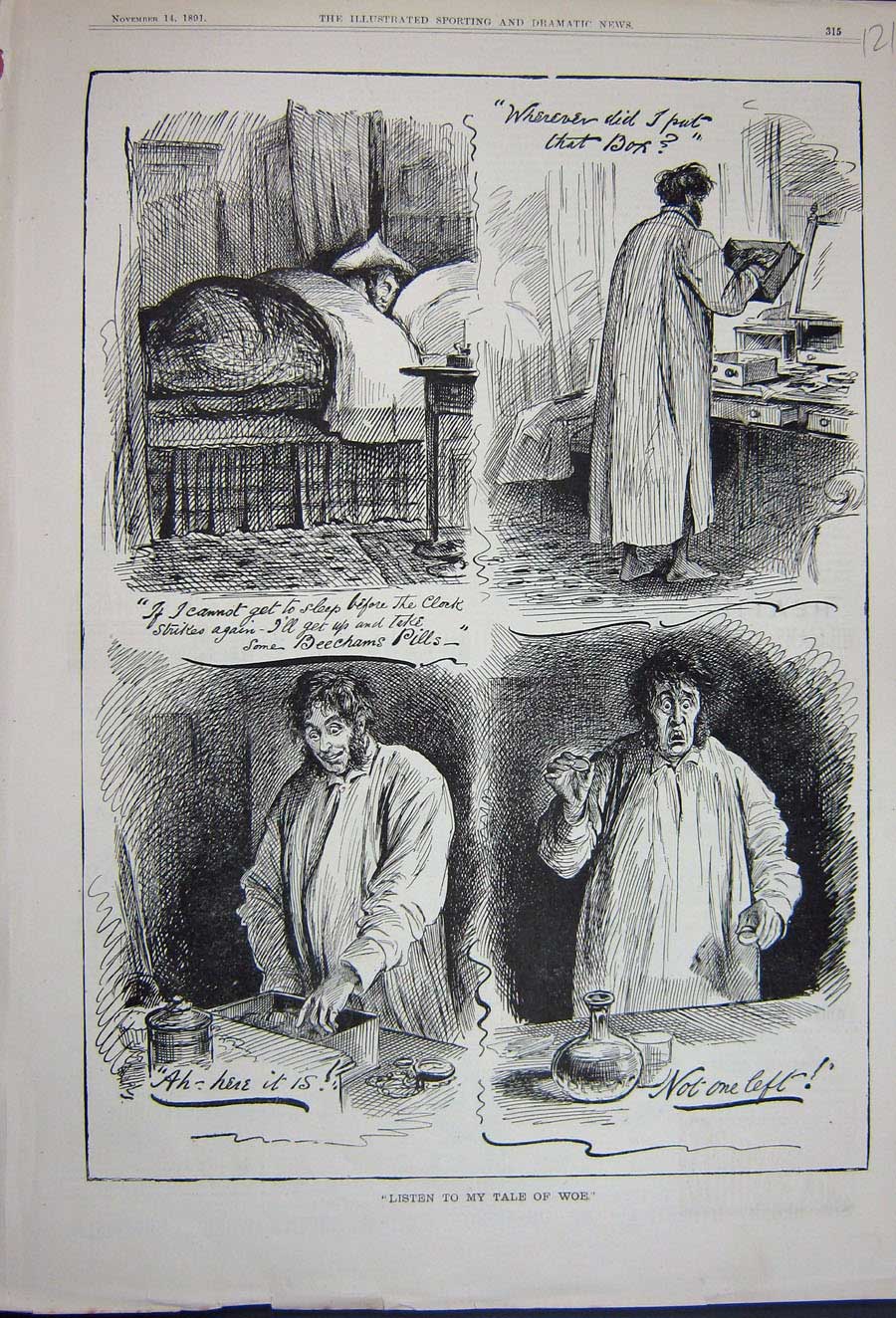 Original Old Antique Print 1891 Man Story Sleeping Bed Chest Drawers Sketches