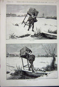 Original Old Antique Print 1891 Man Costume Dog Snow Stream Bridge Winter 19th