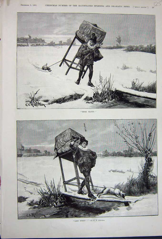 Original Old Antique Print 1891 Man Costume Dog Snow Stream Bridge Winter 19th