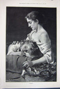 Original Old Antique Print 1891 Fine Art Beautiful Lady Woman Little Girl 19th