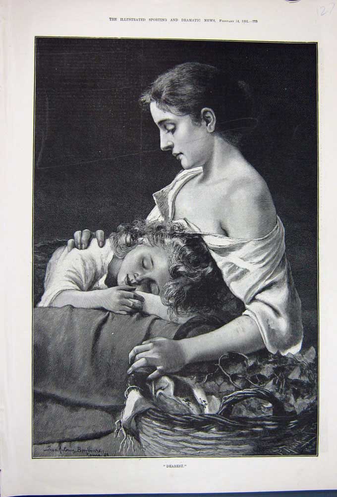 Original Old Antique Print 1891 Fine Art Beautiful Lady Woman Little Girl 19th