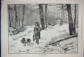 Original Old Antique Print 1891 Young Girl Puppy Dog Snow Trees Winter Country
