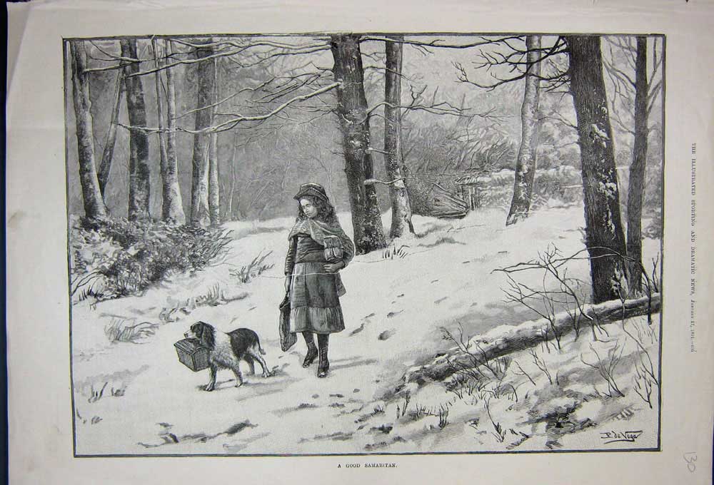Original Old Antique Print 1891 Young Girl Puppy Dog Snow Trees Winter Country
