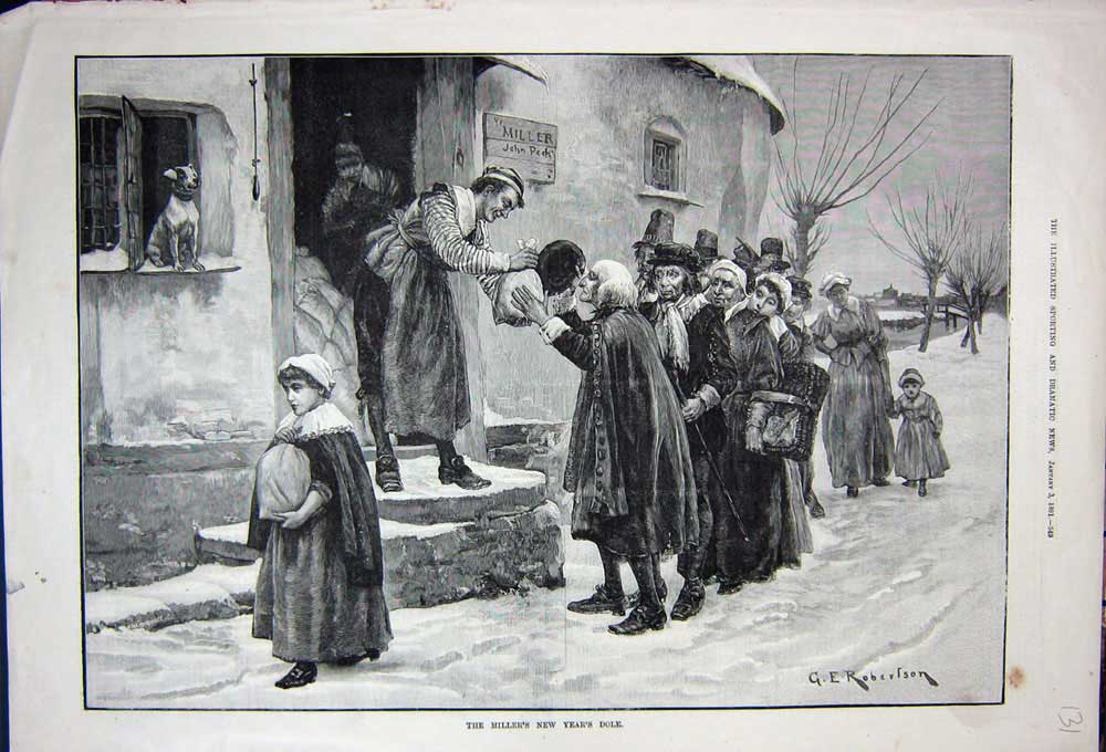 Old Antique Print 1891 Miller'S New Year Dole Snow Winter House Fine Art 19th