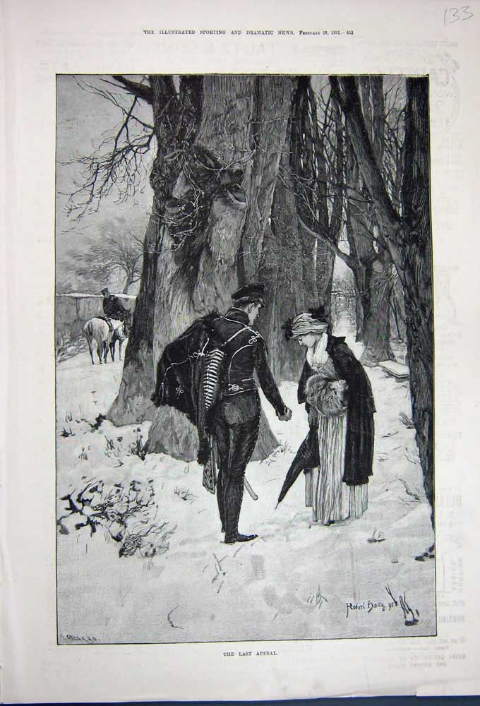 Original Old Antique Print 1891 Fine Art Sier Man Woman Snow Trees Horse 19th