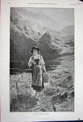 Original Old Antique Print 1891 Beautiful Woman Girl Norway Mountains Lake Art