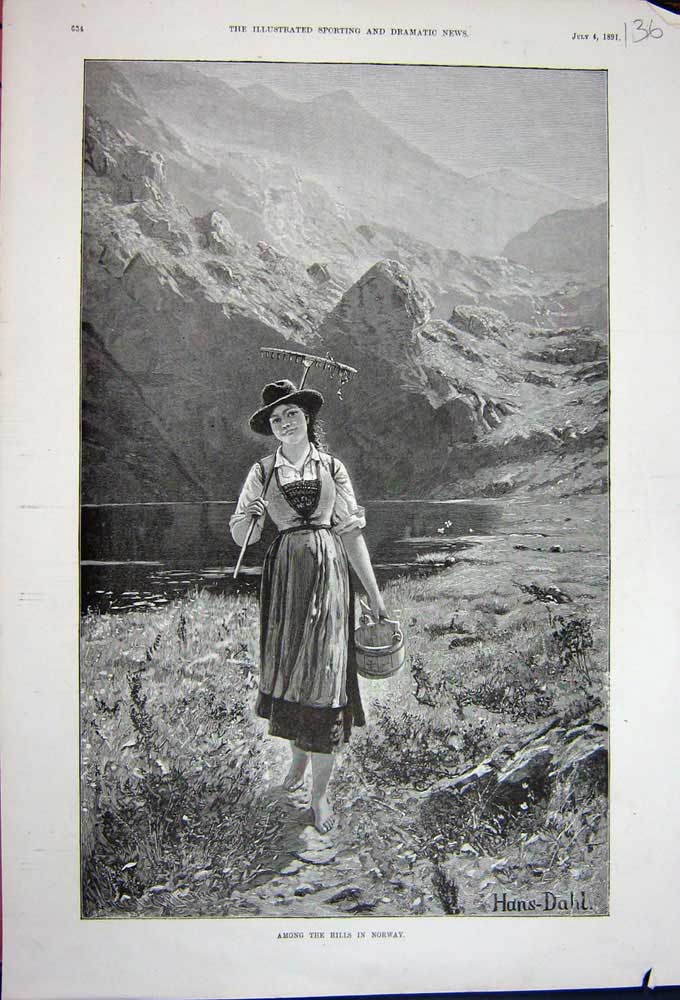Original Old Antique Print 1891 Beautiful Woman Girl Norway Mountains Lake Art