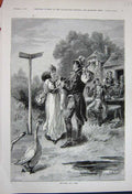 Original Old Antique Print 1891 Travelling Man Young Woman Goose Trees House