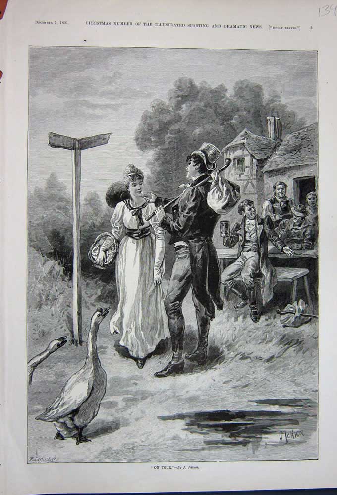 Original Old Antique Print 1891 Travelling Man Young Woman Goose Trees House
