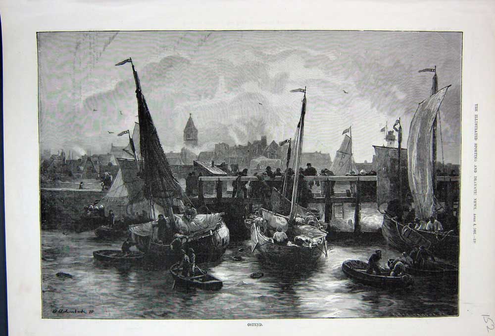 Original Old Antique Print 1891 View Ostend Pier Boats Sailing Town Fine Art