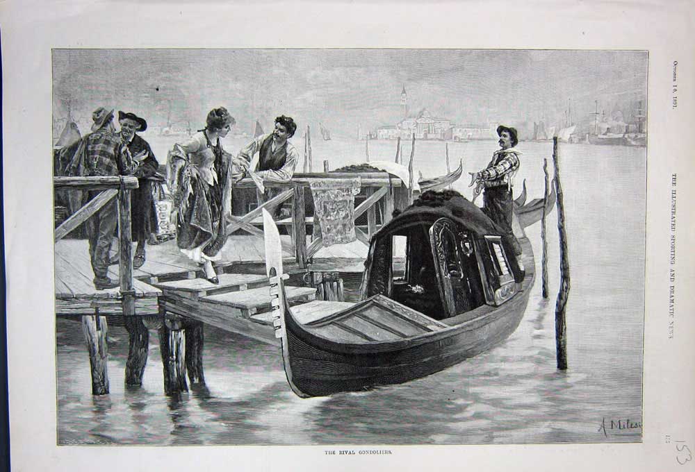Original Old Antique Print 1891 Gondaliers Pier Boat Men Lady Fine Art 19th