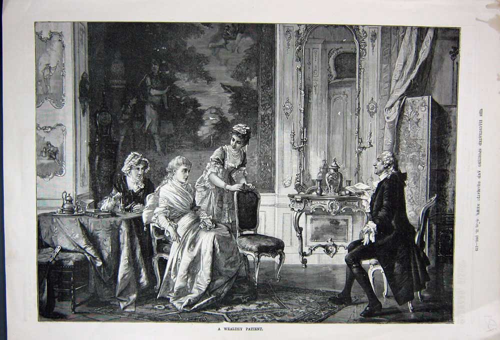 Original Old Antique Print 1891 Wealthy Patient Man Ladies Table House Art 19th