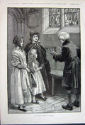 Original Old Antique Print 1891 Painted Window Stained Glass Little Girl Ladies