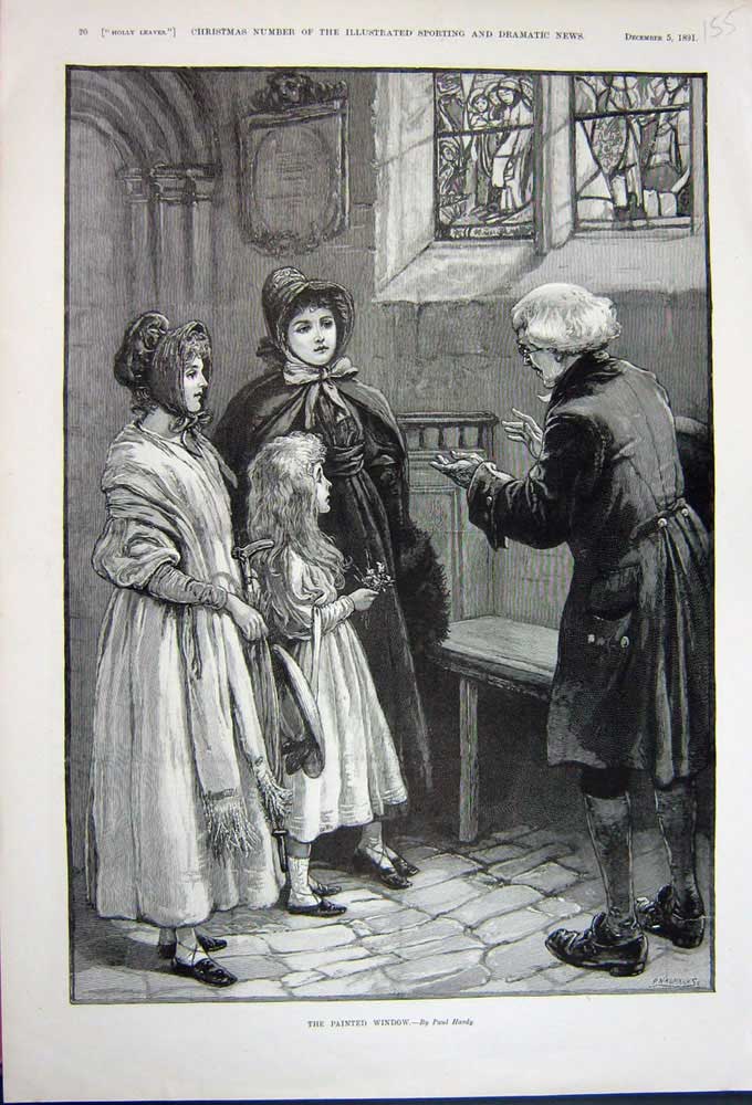 Original Old Antique Print 1891 Painted Window Stained Glass Little Girl Ladies