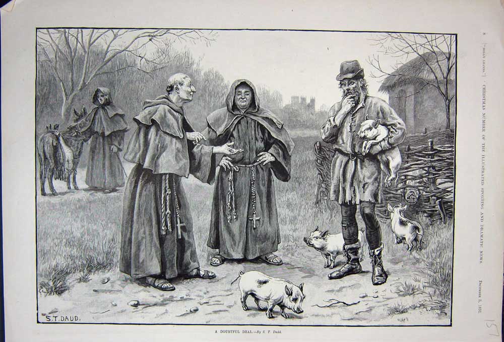 Original Old Antique Print 1891 Men Monks Pig Donkey Tramp Country Farm 19th