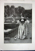 Old Antique Print 1891 Beautiful Lady Garden Pond Puppy Dog Children Tree 19th