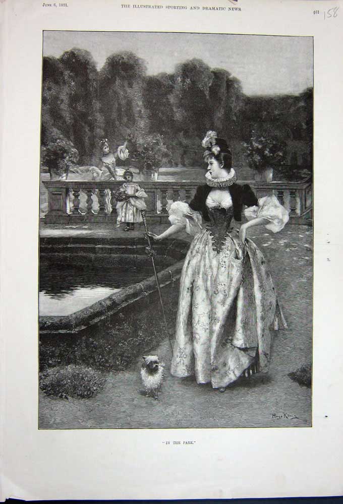 Old Antique Print 1891 Beautiful Lady Garden Pond Puppy Dog Children Tree 19th
