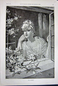 Original Old Antique Print 1891 Fine Art Beautiful Woman Lady Window Flowers