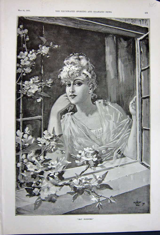 Original Old Antique Print 1891 Fine Art Beautiful Woman Lady Window Flowers