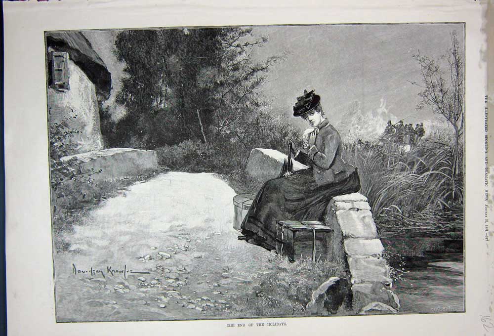 Original Old Antique Print 1891 Knowles Fine Art Beautiful Lady Woman Stream