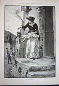 Original Old Antique Print 1891 Fine Art Woman House Doorstep Flowers Man 19th