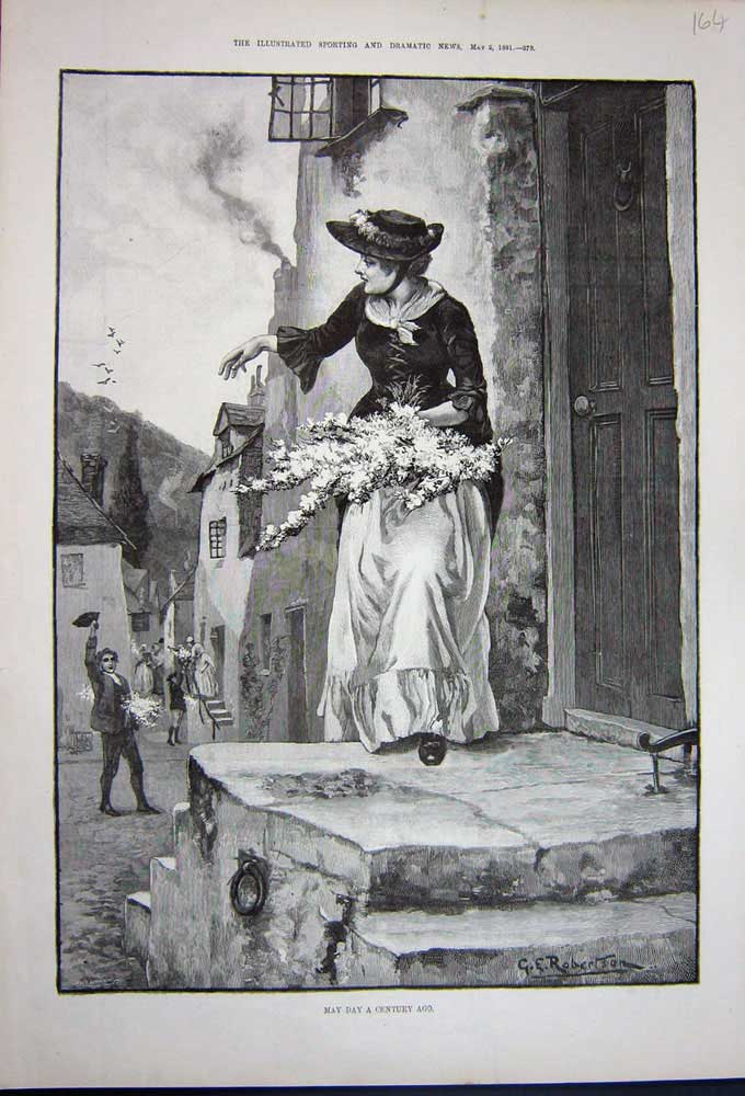 Original Old Antique Print 1891 Fine Art Woman House Doorstep Flowers Man 19th