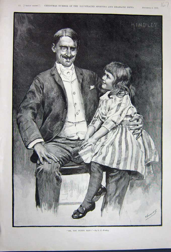 Old Antique Print 1891 Hindley Fine Art Little Girl Man Sitting Knee Joke 19th