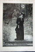 Old Antique Print 1891 Knowles Fine Art Beautiful Lady Flowers Trees Dog 19th
