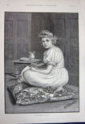 Old Antique Print 1891 Fine Art Young Girl Strawberries Cream Jug Table 19th