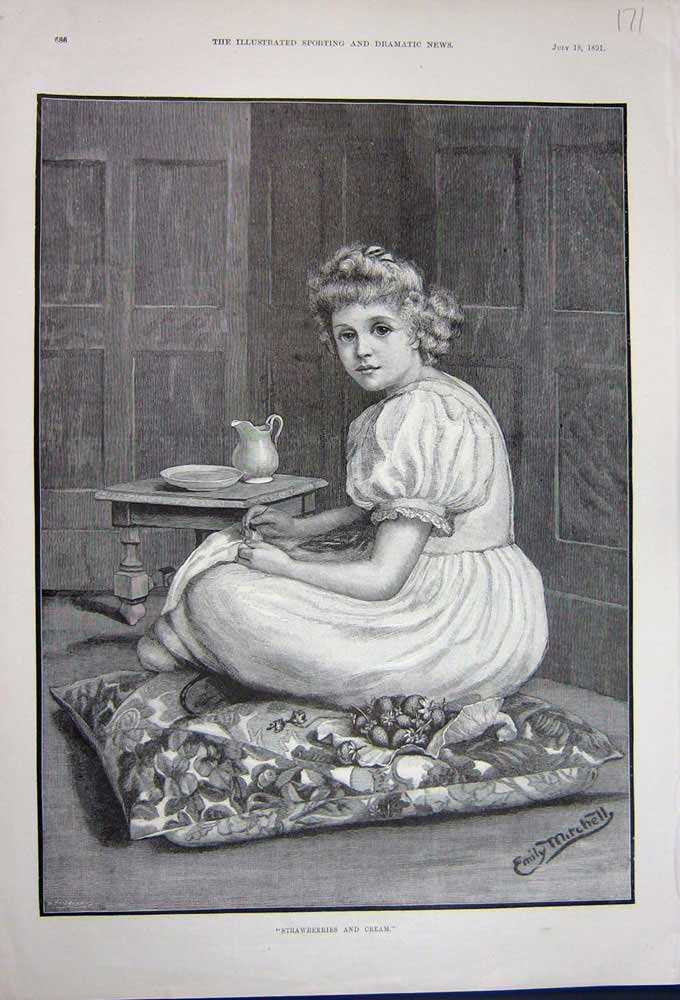 Old Antique Print 1891 Fine Art Young Girl Strawberries Cream Jug Table 19th