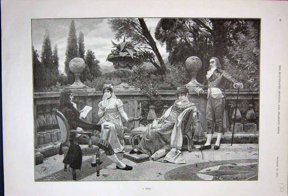 Original Old Antique Print 1891 Fine Art Garden Men Women Romance Trees Poet