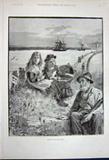 Original Old Antique Print 1891 Little Girls Children Man Telescope Ships Sea
