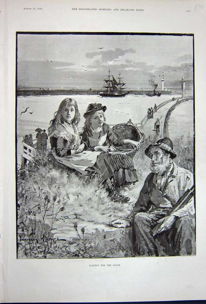 Original Old Antique Print 1891 Little Girls Children Man Telescope Ships Sea