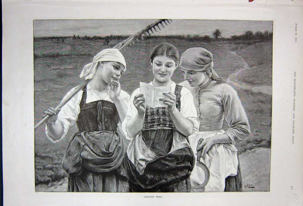 Original Old Antique Print 1891 Harvest Time Ladies Women Farming Country 19th
