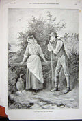 Original Old Antique Print 1891 Man Woman Farming Country Trees Water-Jug 19th