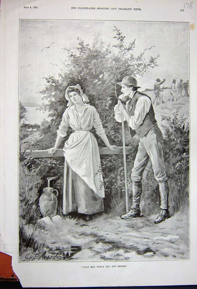 Original Old Antique Print 1891 Man Woman Farming Country Trees Water-Jug 19th