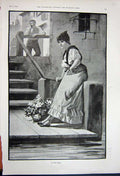 Original Old Antique Print 1891 Beautiful Young Women Flowers Basket Man Ferry